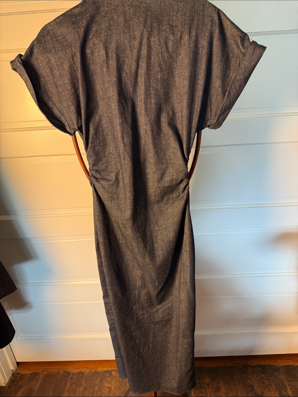 Zara Denim Maxi Dress Ruched Cinched Waist Snap Front Dolman Sleeve - Picture 11 of 11